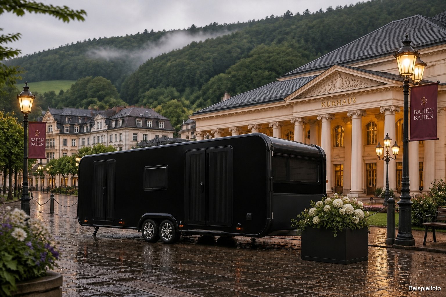 Mobile Abschieds-Residenz von BESTEND.exclusiv vor dem Kurhaus in Baden-Baden – Luxus-Bestattung in Baden-Baden (Beispielfoto)