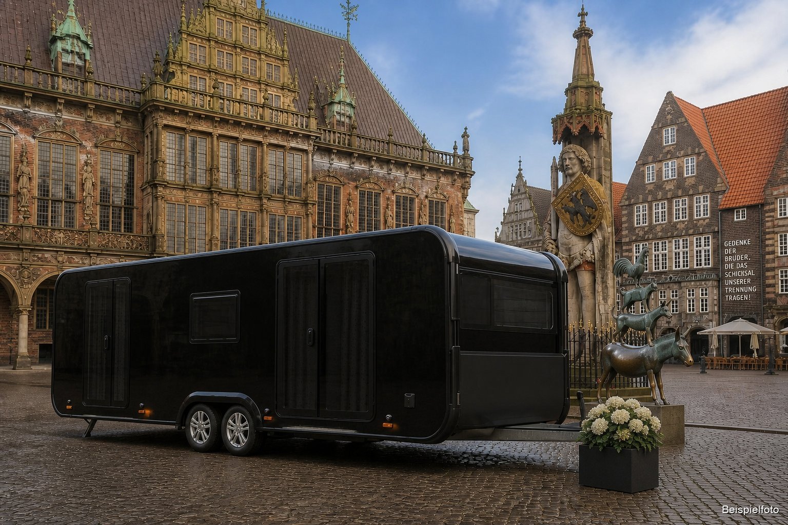 Mobile Abschieds-Residenz von BESTEND.exclusiv am Bremer Marktplatz mit Rathaus, Roland und Stadtmusikanten – Luxus-Bestattung in Bremen (Beispielfoto)