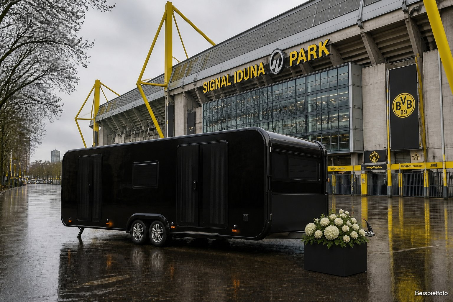 Mobile Abschieds-Residenz von BESTEND.exclusiv vor dem Signal Iduna Park in Dortmund – Luxus-Bestattung in Dortmund (Beispielfoto)