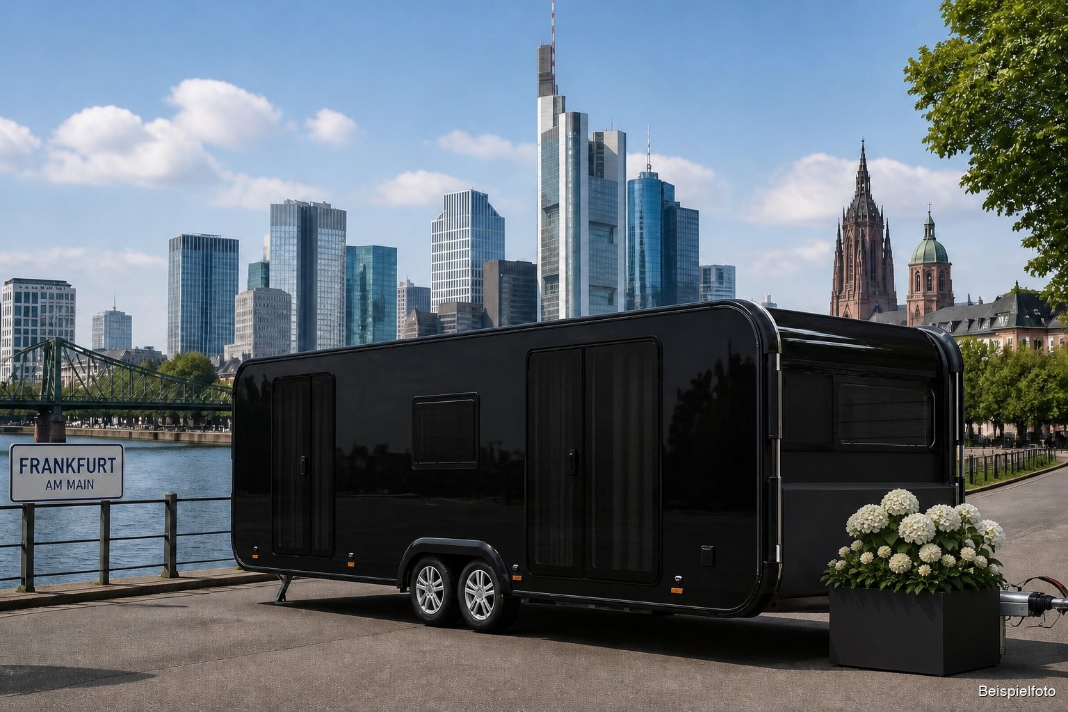 Mobile Abschieds-Residenz von BESTEND.exclusiv vor der Frankfurter Skyline am Main – Luxus-Bestattung in Frankfurt am Main (Beispielfoto)