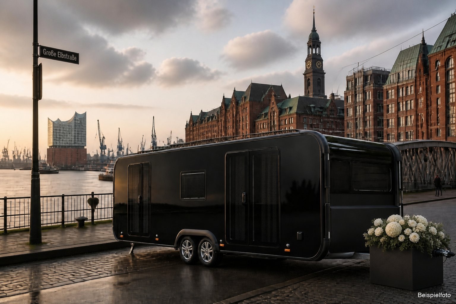 Mobile Abschieds-Residenz von BESTEND.exclusiv am Hamburger Hafen mit Elbphilharmonie und Michel – Luxus-Bestattung in Hamburg (Beispielfoto)