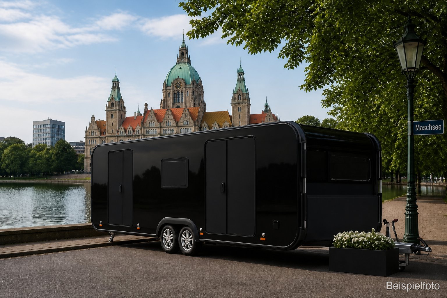 Mobile Abschieds-Residenz von BESTEND.exclusiv am Maschsee in Hannover mit Neuem Rathaus – Luxus-Bestattung in Hannover (Beispielfoto)