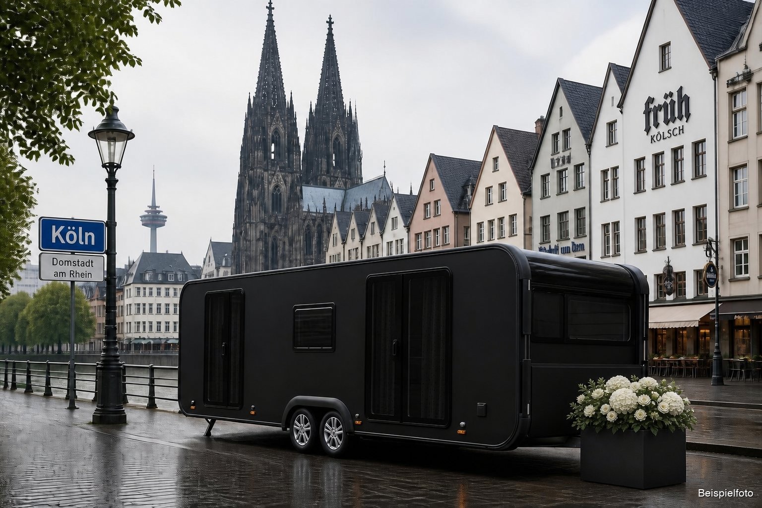 Mobile Abschieds-Residenz von BESTEND.exclusiv vor dem Kölner Dom – Luxus-Bestattung in Köln (Beispielfoto)