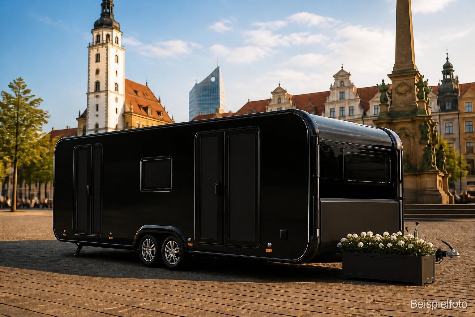 Mobile Abschieds-Residenz von BESTEND.exclusiv auf dem Leipziger Markt mit Altem Rathaus – Luxus-Bestattung in Leipzig (Beispielfoto)