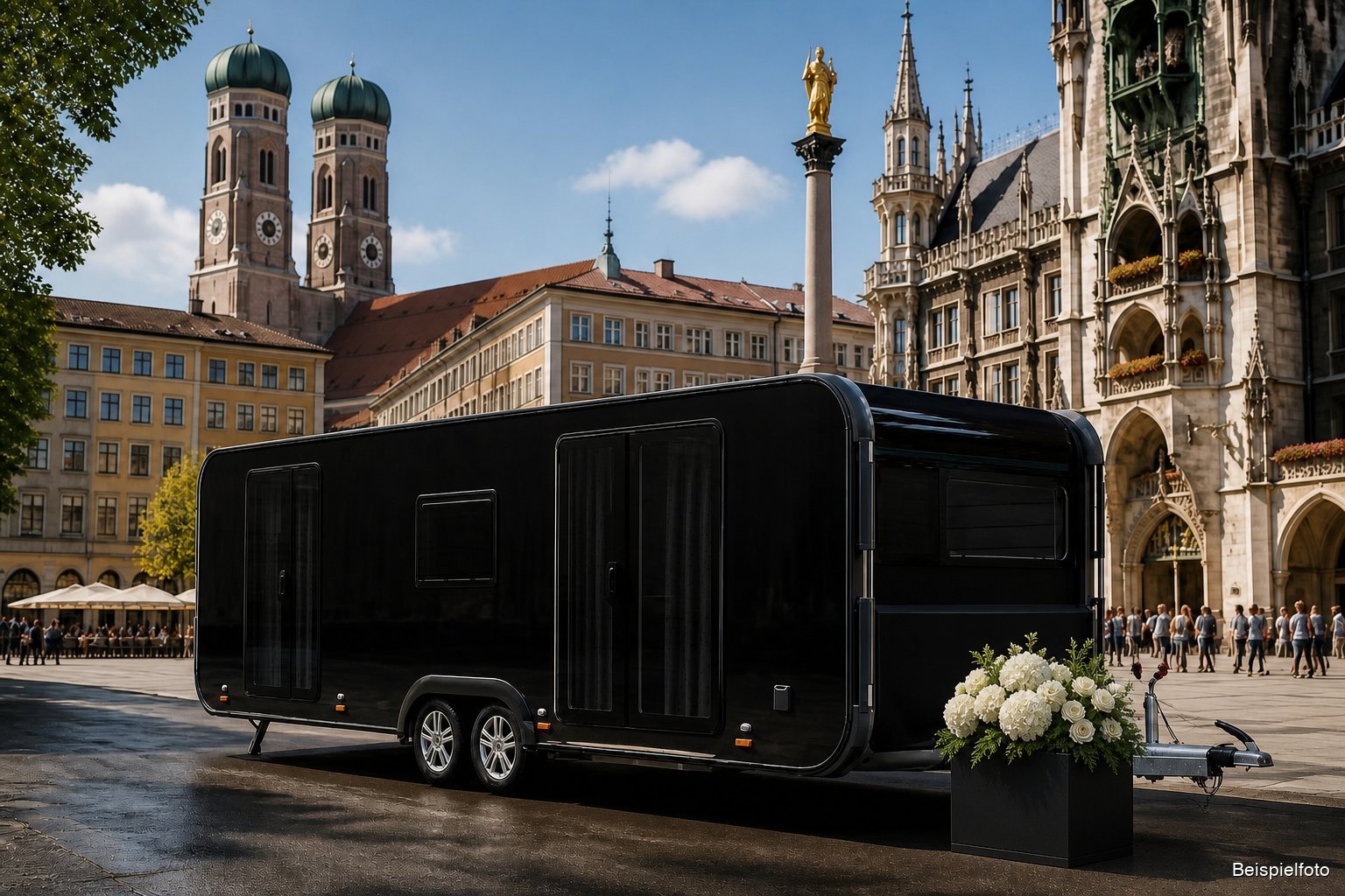 Mobile Abschieds-Residenz von BESTEND.exclusiv am Marienplatz mit Frauenkirche – Luxus-Bestattung in München (Beispielfoto)