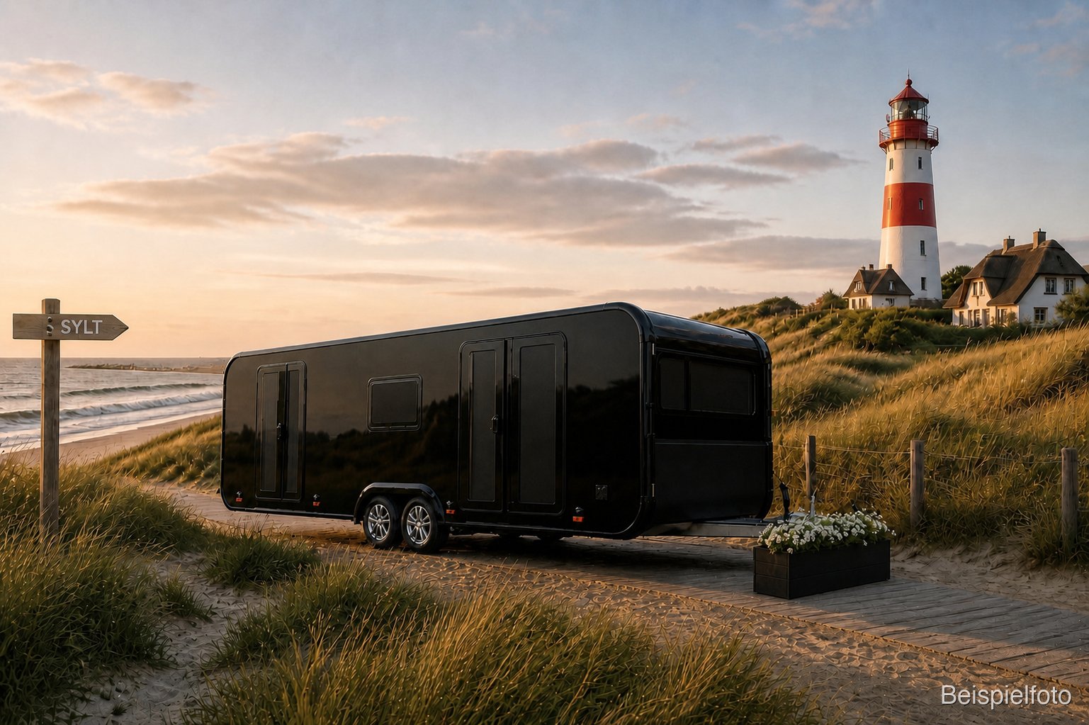 Mobile Abschieds-Residenz von BESTEND.exclusiv auf Sylt mit Leuchtturm, Wegweiser und Dünen – Luxus-Bestattung auf Sylt (Beispielfoto)