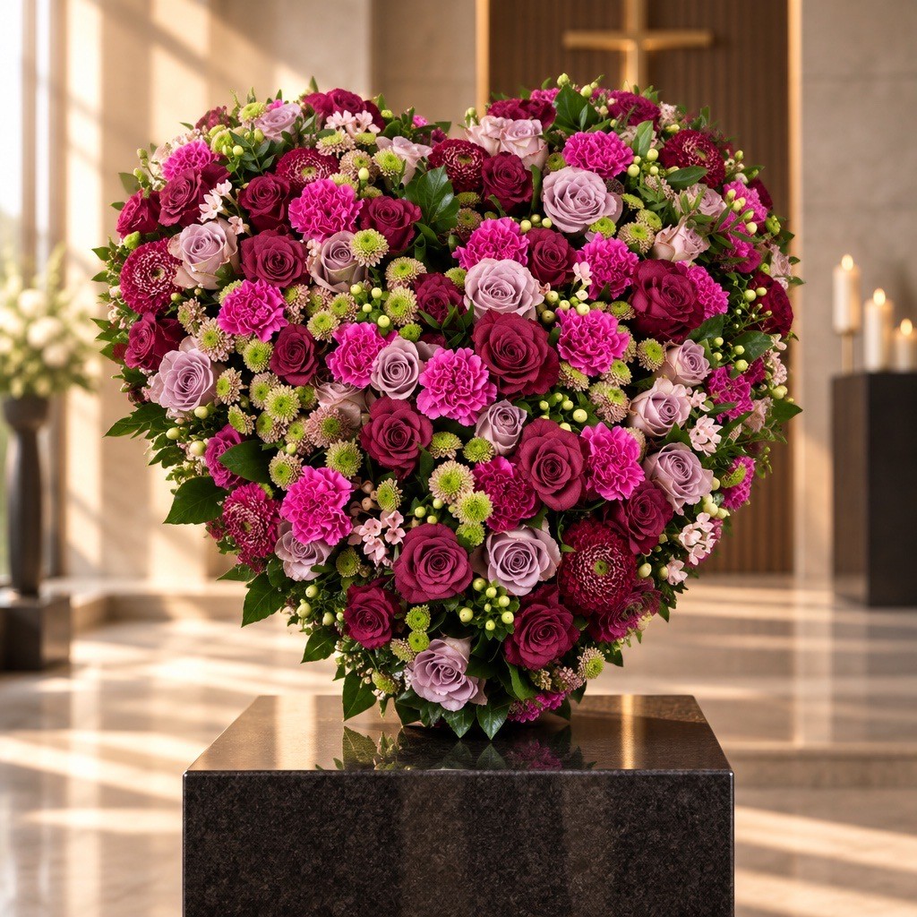 Blumenschmuck in Pink und Violett für die Trauerfeier