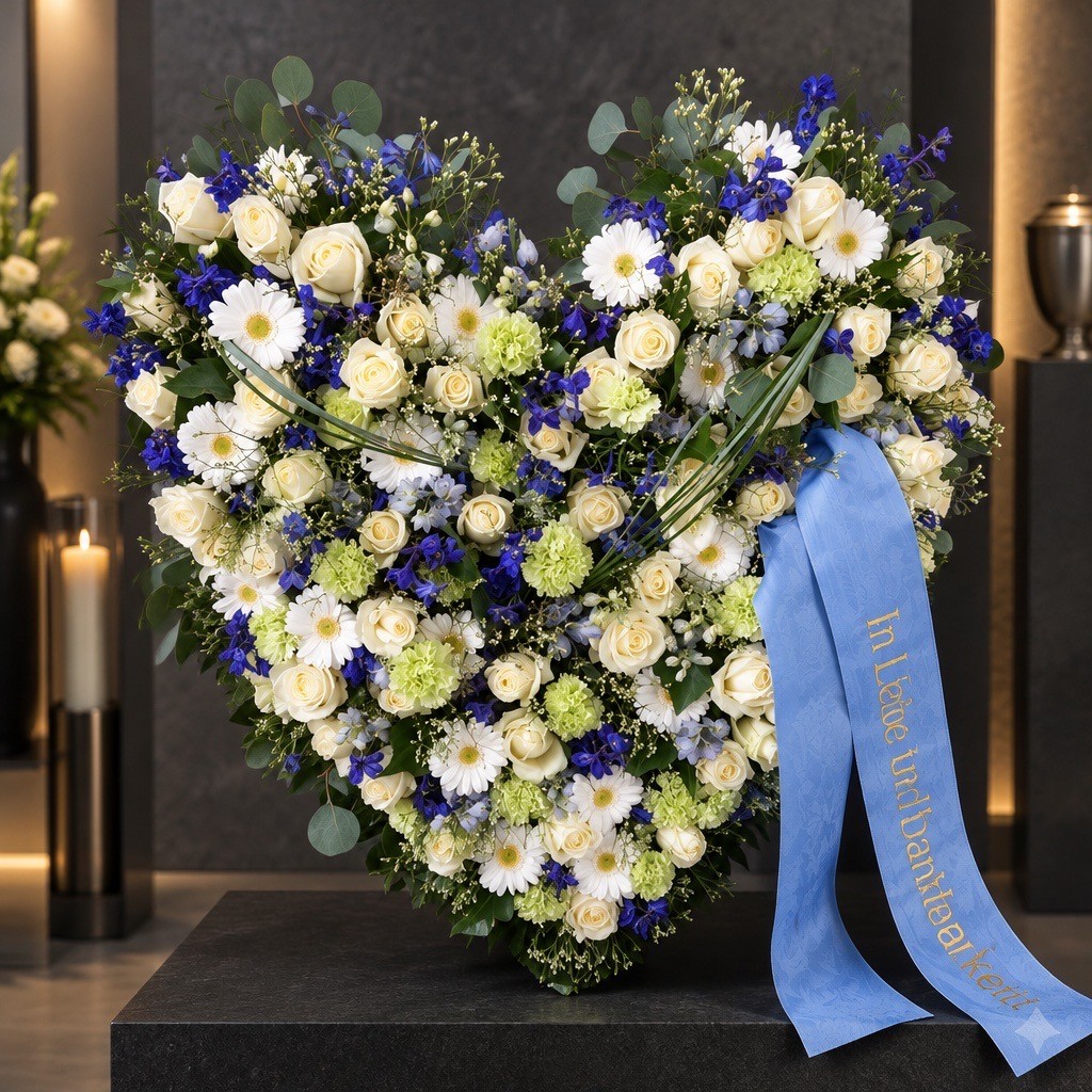 Weiß-blaues Blumenherz mit hellblauer Schleife für die Trauerfeier