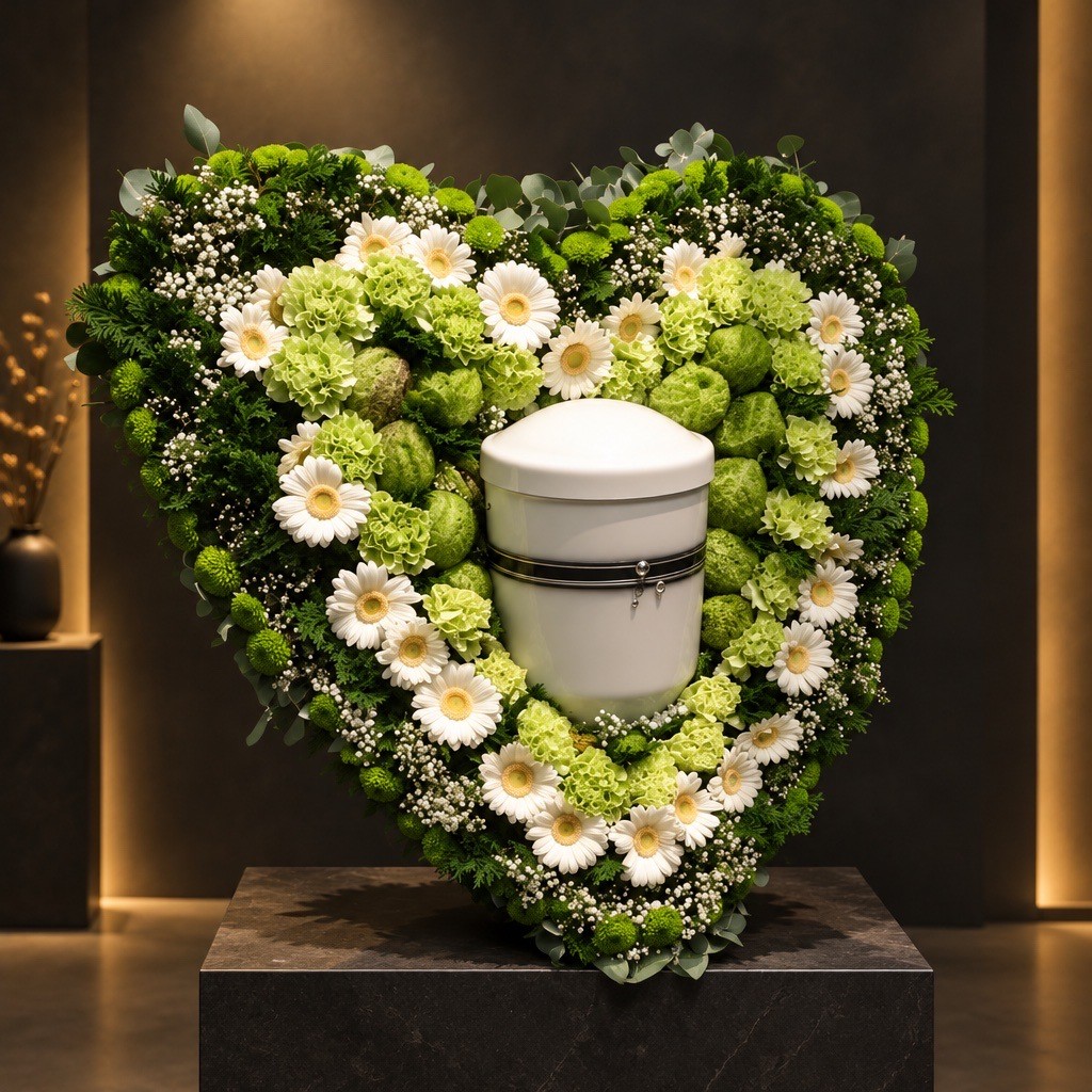 Weiße Schmuckurne in grün-weißem Blumenherz
