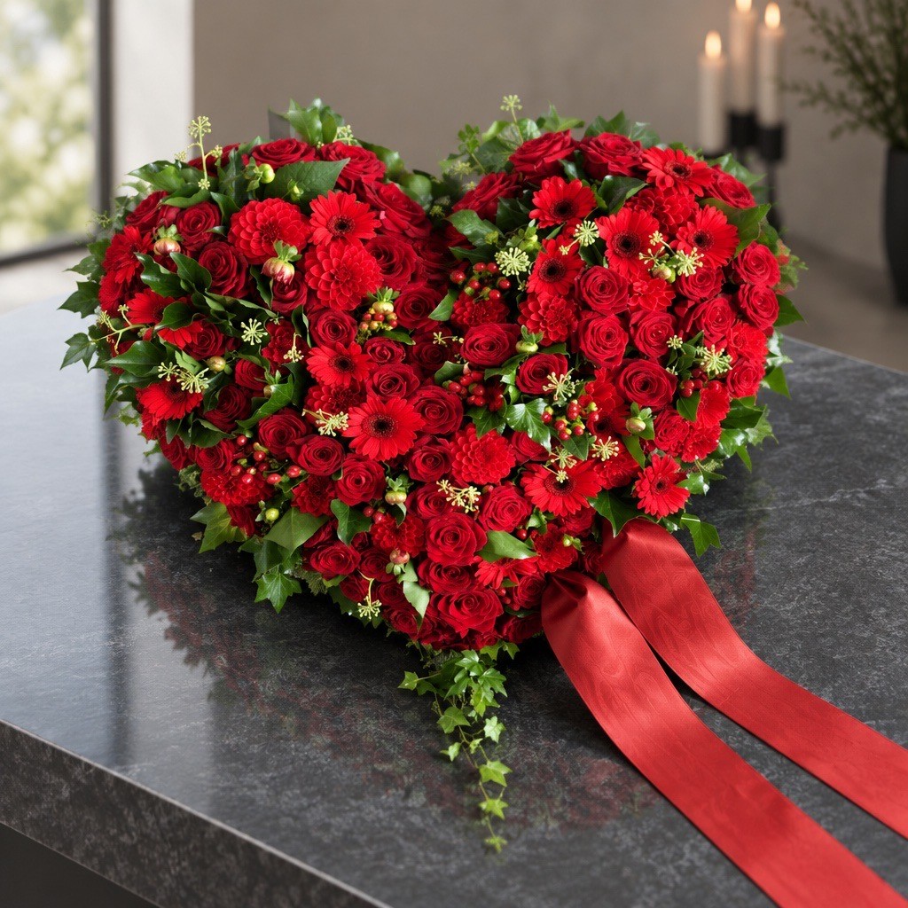 Rotes Blumenherz mit roter Schleife für die Trauerfeier