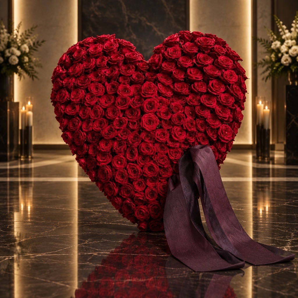 Rotes Blumenherz aus Rosen für die Trauerfeier