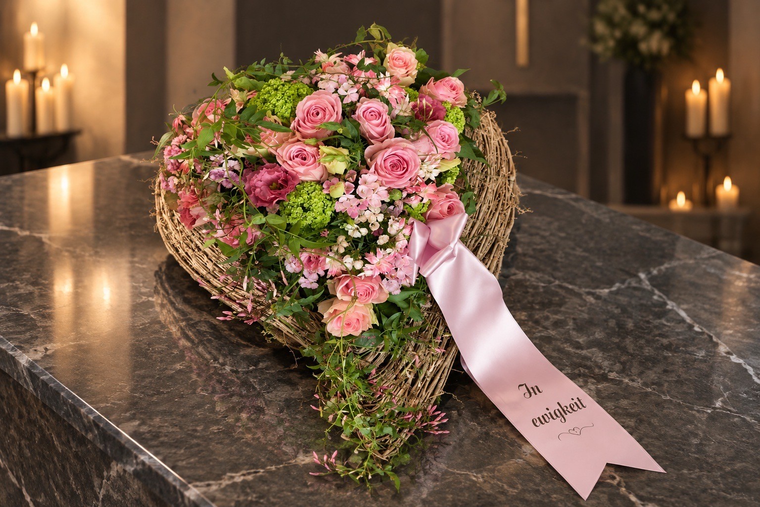 Blumenherz aus Weide mit rosa Rosen