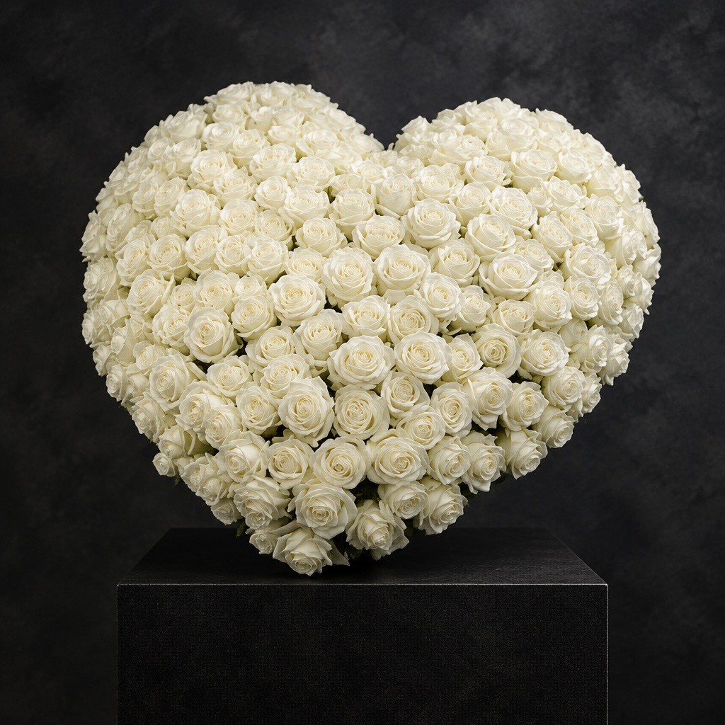 Weißes Blumenherz aus Rosen für die Trauerfeier