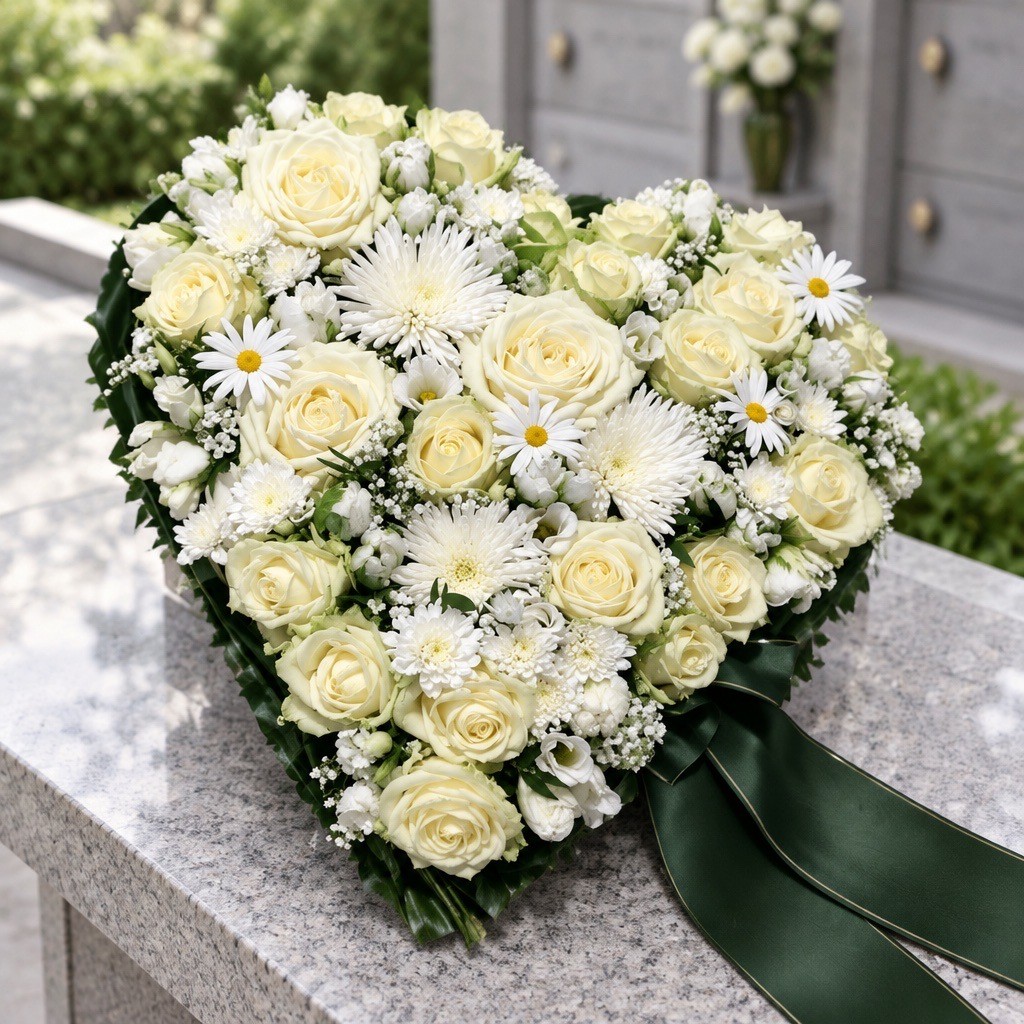 Weißes Blumenherz Trauerfeier – Rosen und Margeriten mit dunkelgrüner Schleife