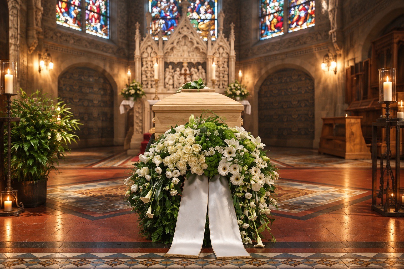 Trauerfeier in der Kirche mit weißem Blumenschmuck