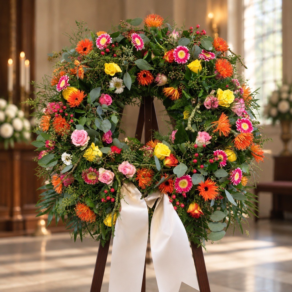 Bunter Trauerkranz in Orange und Pink auf Ständer