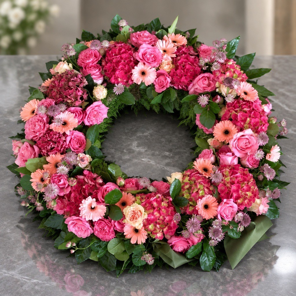 Trauerkranz in Rosa und Pink mit Rosen und Gerbera