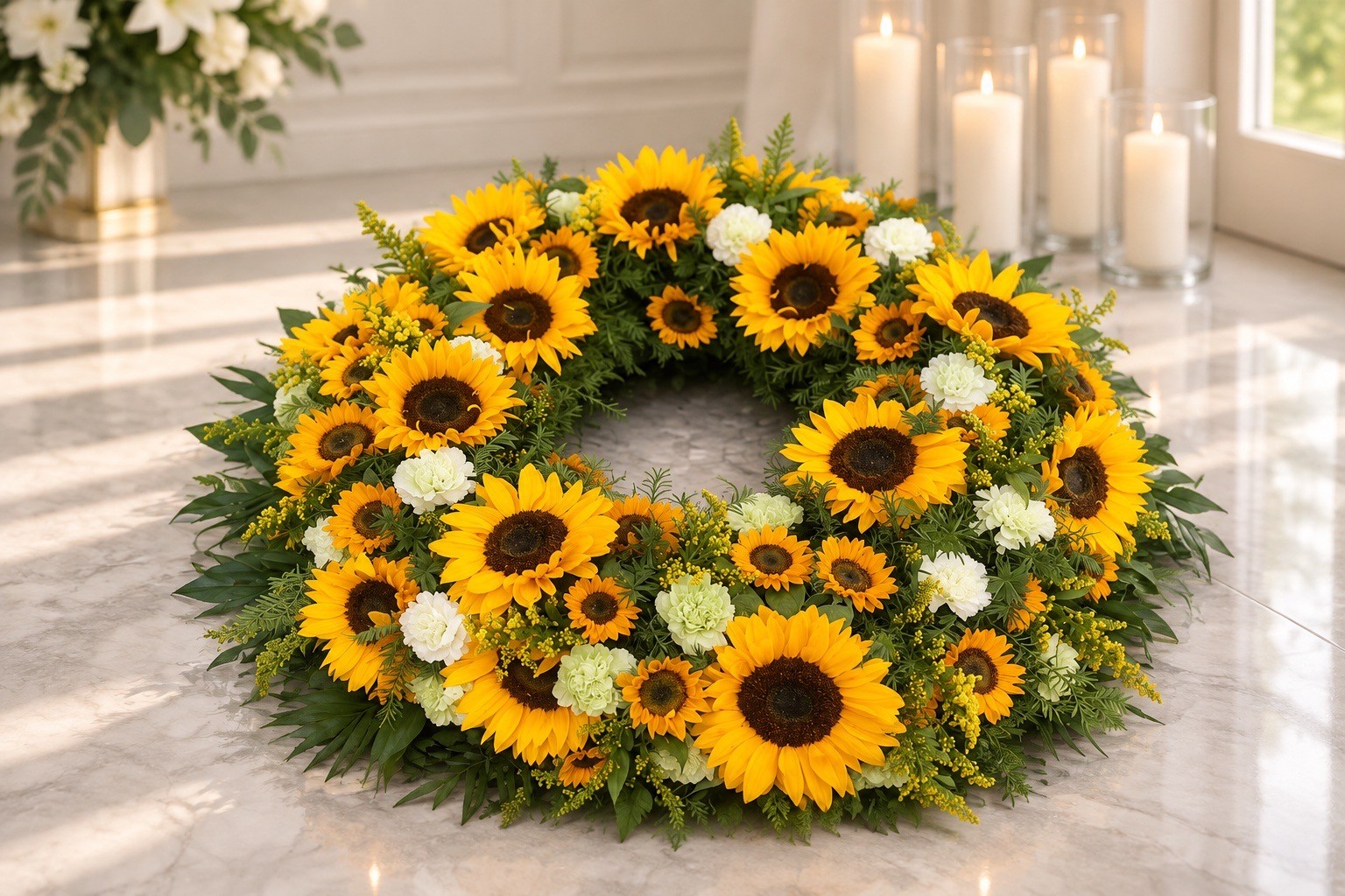 Trauerkranz aus Sonnenblumen und Gerbera auf Ständer