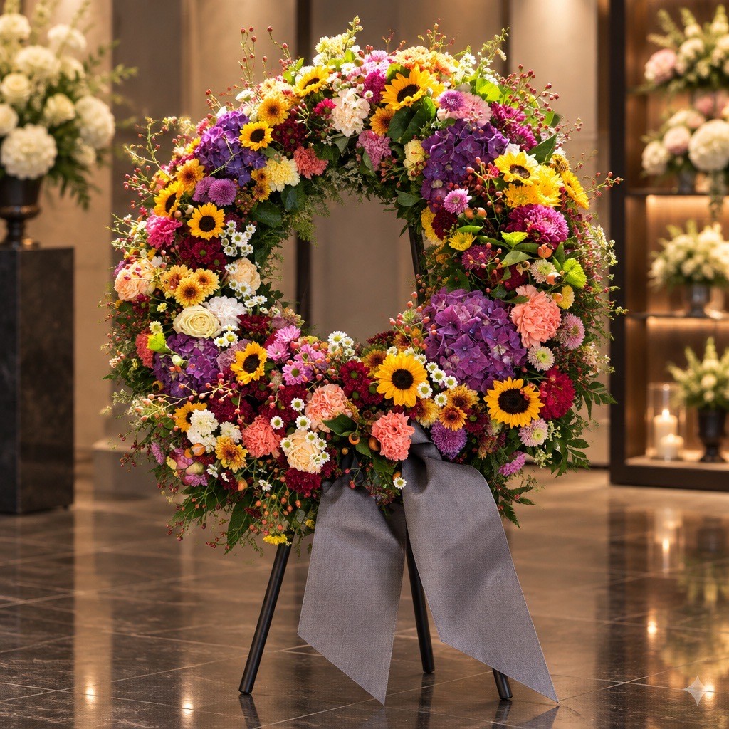 Trauerkranz auf Ständer mit grauer Schleife, Sonnenblumen und Hortensien