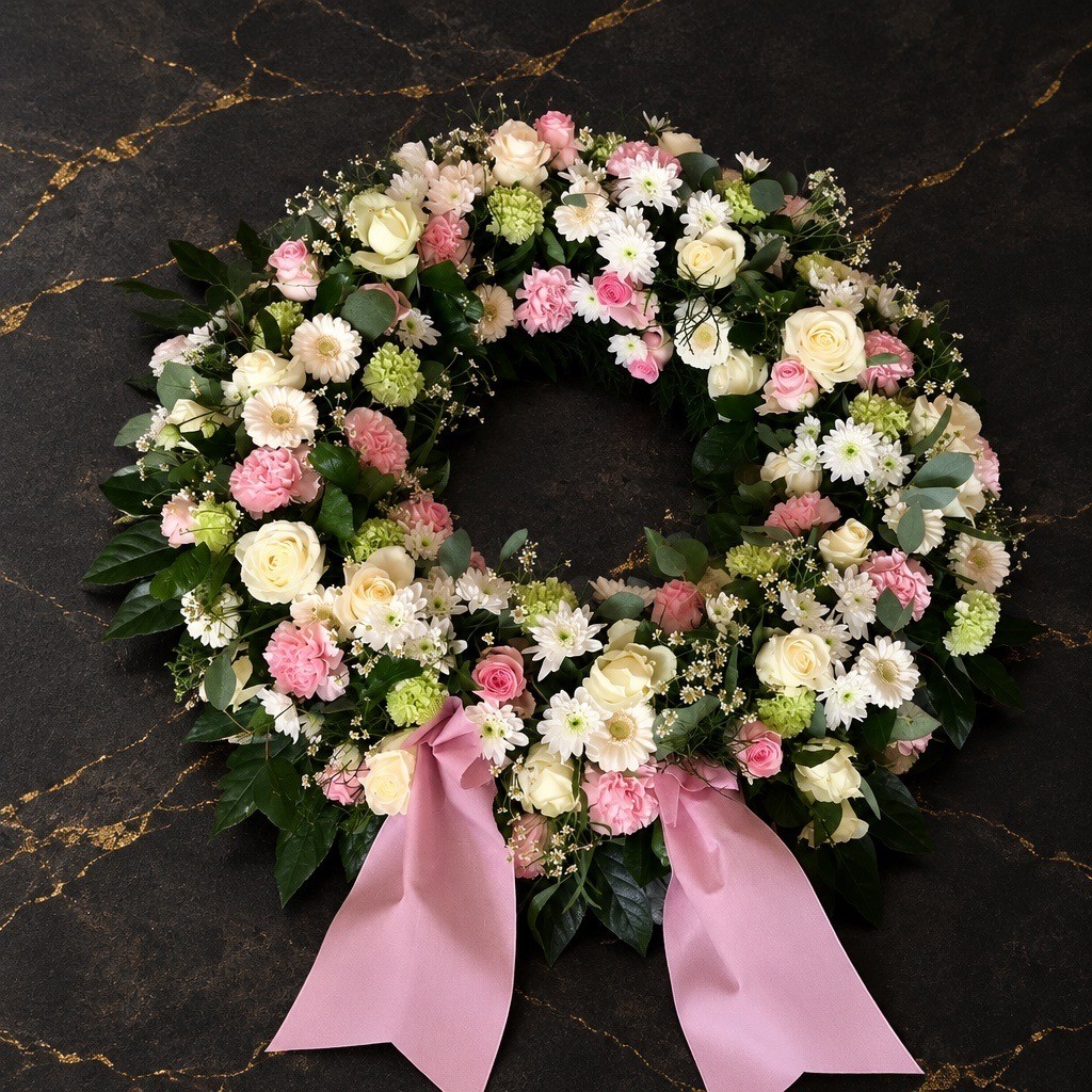 Weiß-rosa Trauerkranz mit rosafarbener Schleife