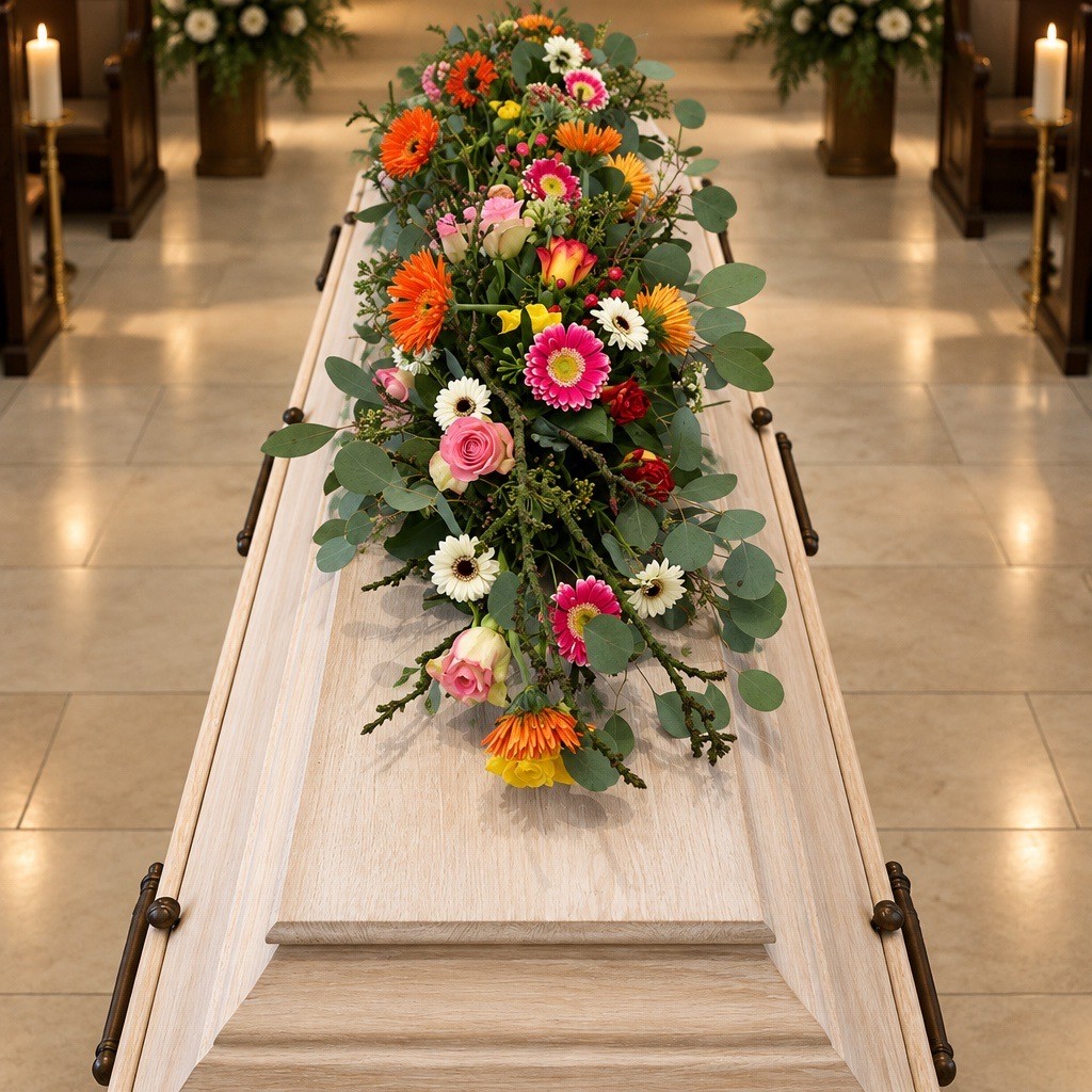 Weißer Sarg mit buntem Blumenschmuck bei der Trauerfeier