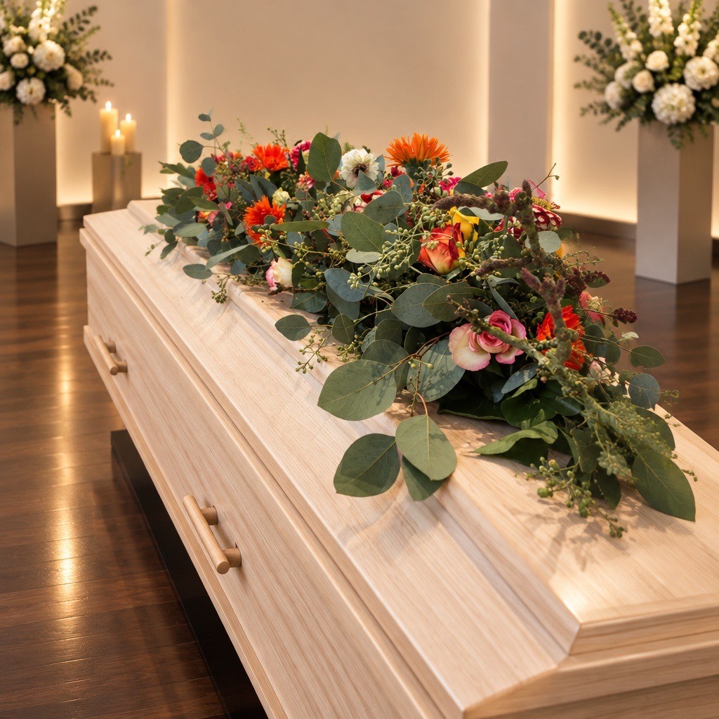 Heller Sarg mit orangefarbenem Blumenschmuck