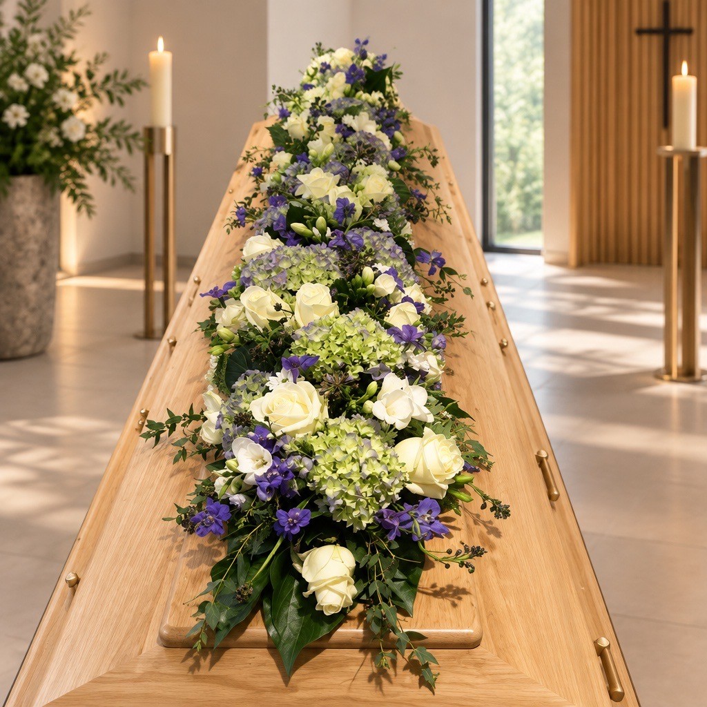 Heller Holzsarg mit weiß-blauem Blumenschmuck bei der Trauerfeier