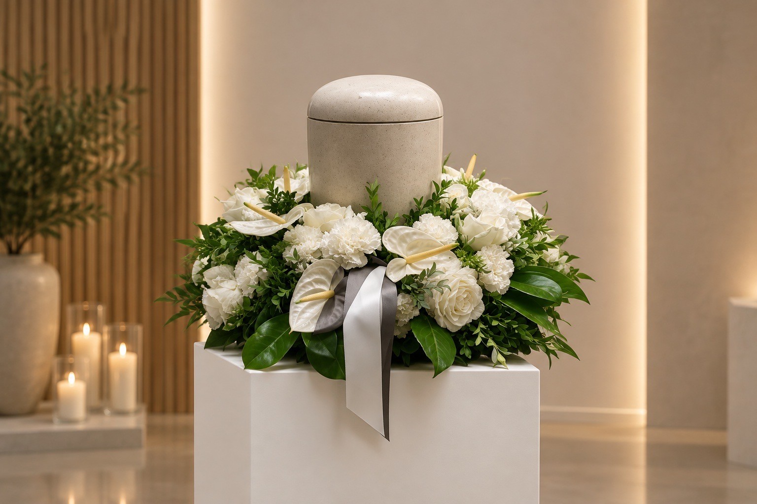 Helle Schmuckurne in weißem Blumenschmuck
