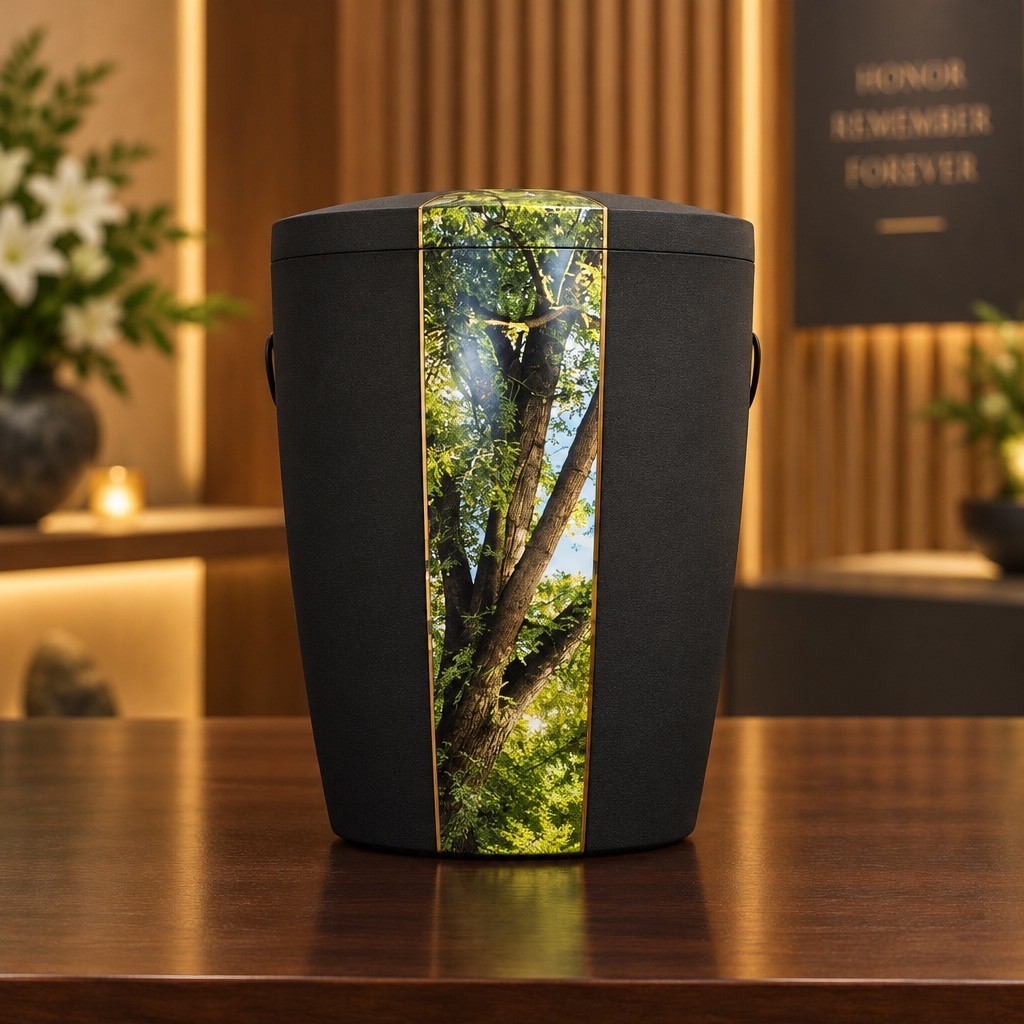 Schmuckurne mit Baum-Motiv und Goldrahmen auf einem Holztisch