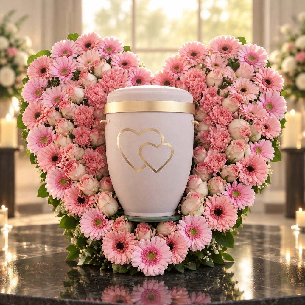Weiße Schmuckurne mit goldenen Herzen in rosa Blumenherz